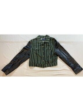 Ali & Kris Girls Medium Cropped Green & Black Striped Pleather Sleeve Jacket